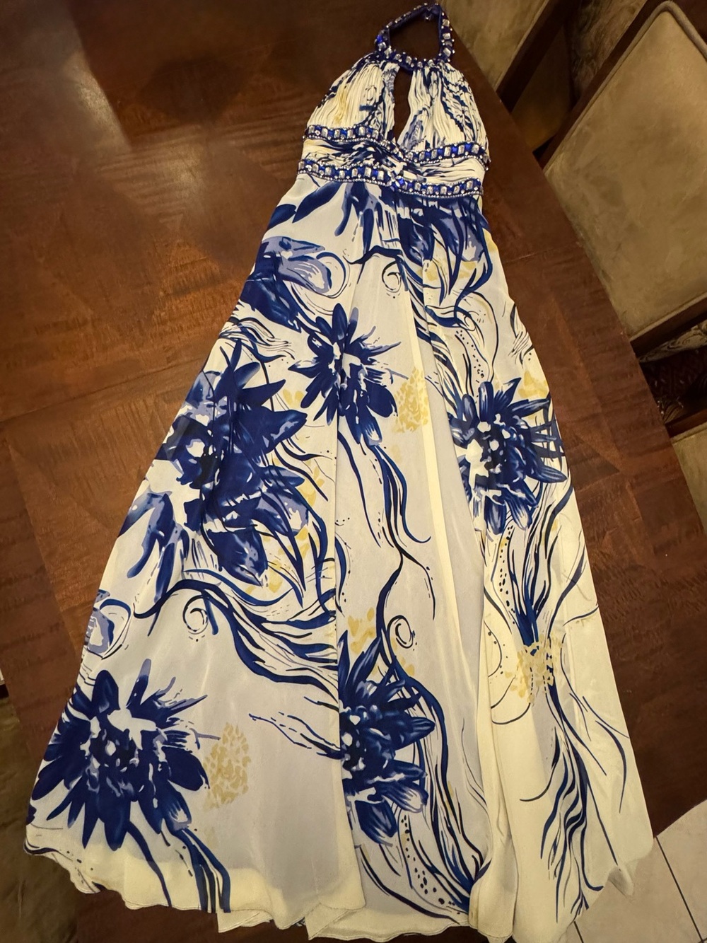 Allegra K Blue & White Floral Halter Maxi Dress